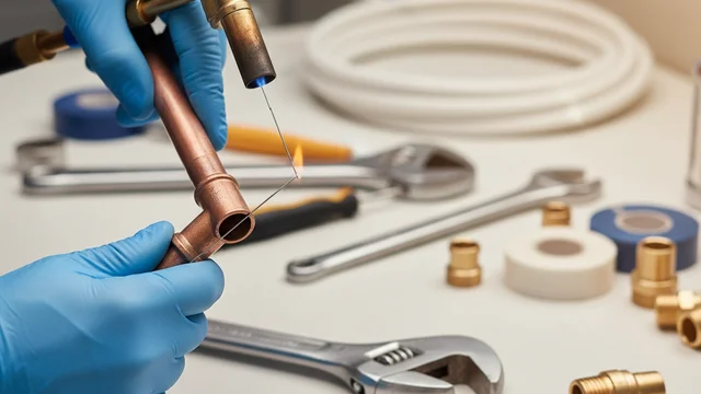 Plumber holding copper pipe with wrenches and plumbing fittings ready for Texas service call