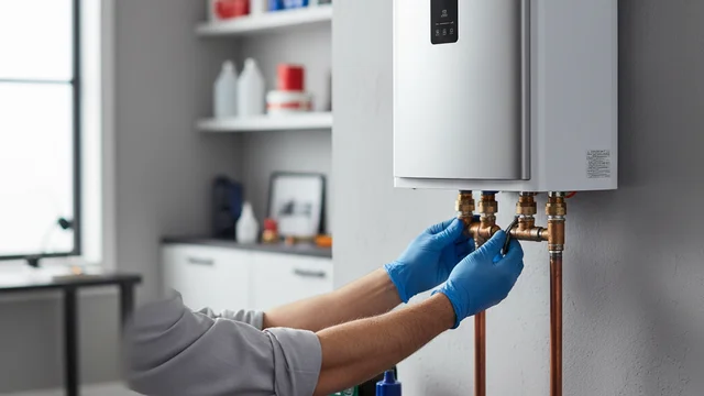 Wall-mounted tankless water heater being installed by a licensed plumber