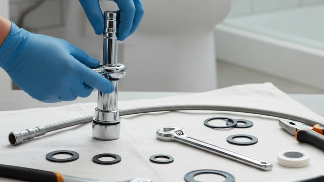 Licensed plumber repairing toilet components including fill valve and flapper